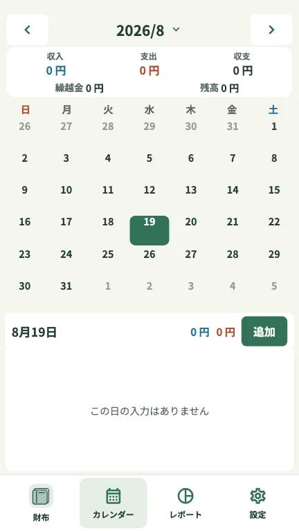 家計簿カレンダーの日付別明細画面例