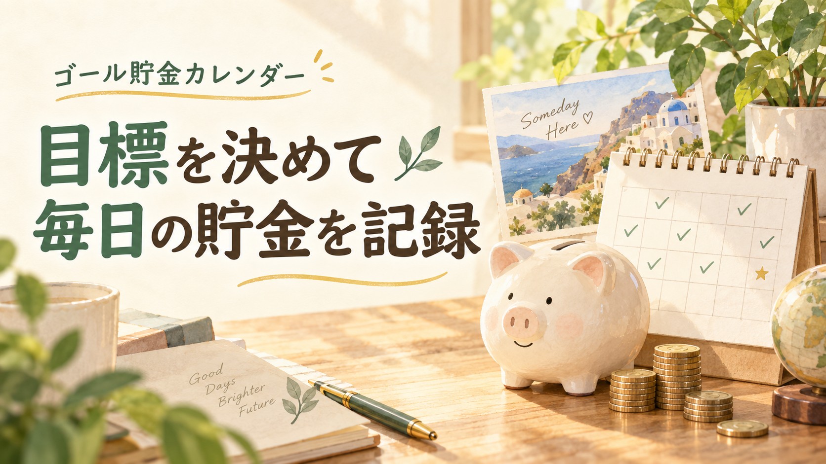 ゴール貯金カレンダー：目標を決めて毎日の貯金を記録。貯金箱とカレンダーのイラスト