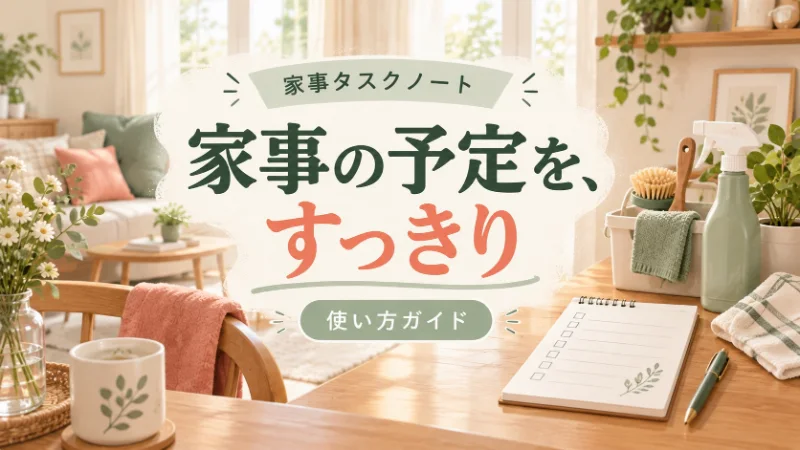 家事タスクノートの使い方ガイド。明るい部屋に家事リストと掃除道具を描いたイラスト