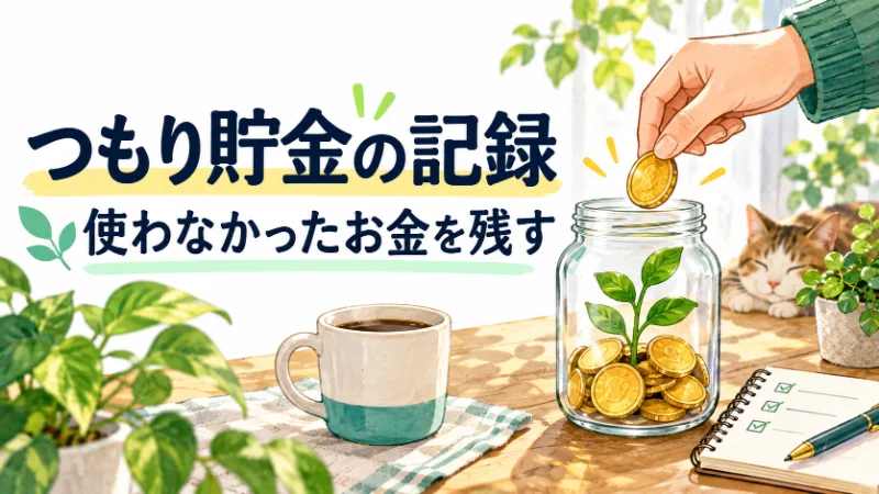 つもり貯金の記録：使わなかったお金を貯める瓶、コーヒー、記録ノートのイラスト