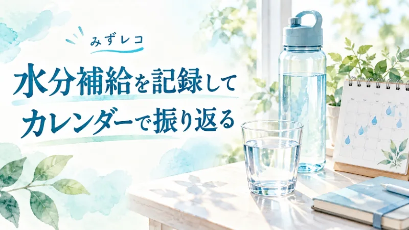 みずレコで水分補給を記録しカレンダーで振り返るイメージ。水のグラスとボトルのイラスト