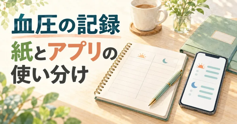 朝と夜の記録欄がある紙のノートとスマートフォンを並べた「血圧の記録 紙とアプリの使い分け」のイラスト