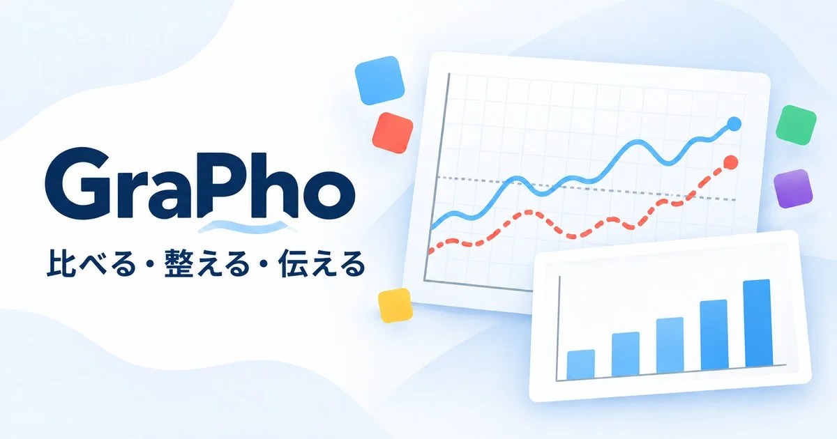 GraPhoの比較・分析・出力を表す、2本の折れ線と目標線、横長のグラフ画像のイラスト