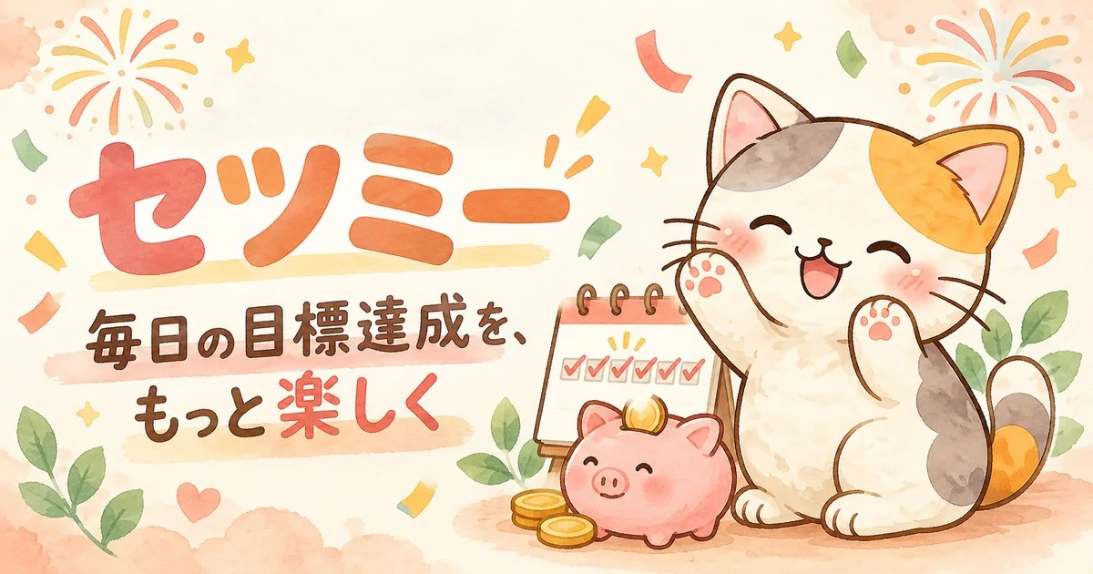 セツミーの猫のキャラクターが目標達成をお祝い。貯金箱と継続記録のカレンダー。