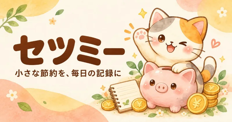セツミーの新しい猫のキャラクターと貯金箱。小さな節約を毎日の記録に。