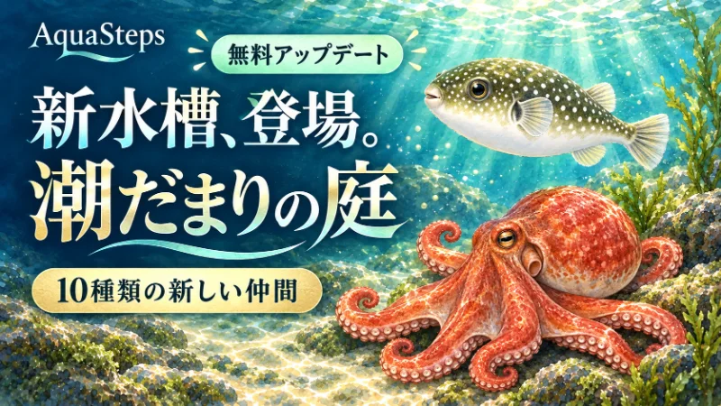 AquaSteps無料アップデート「新水槽、登場。潮だまりの庭」。クサフグとマダコが泳ぐ海と、10種類の新しい仲間の案内。