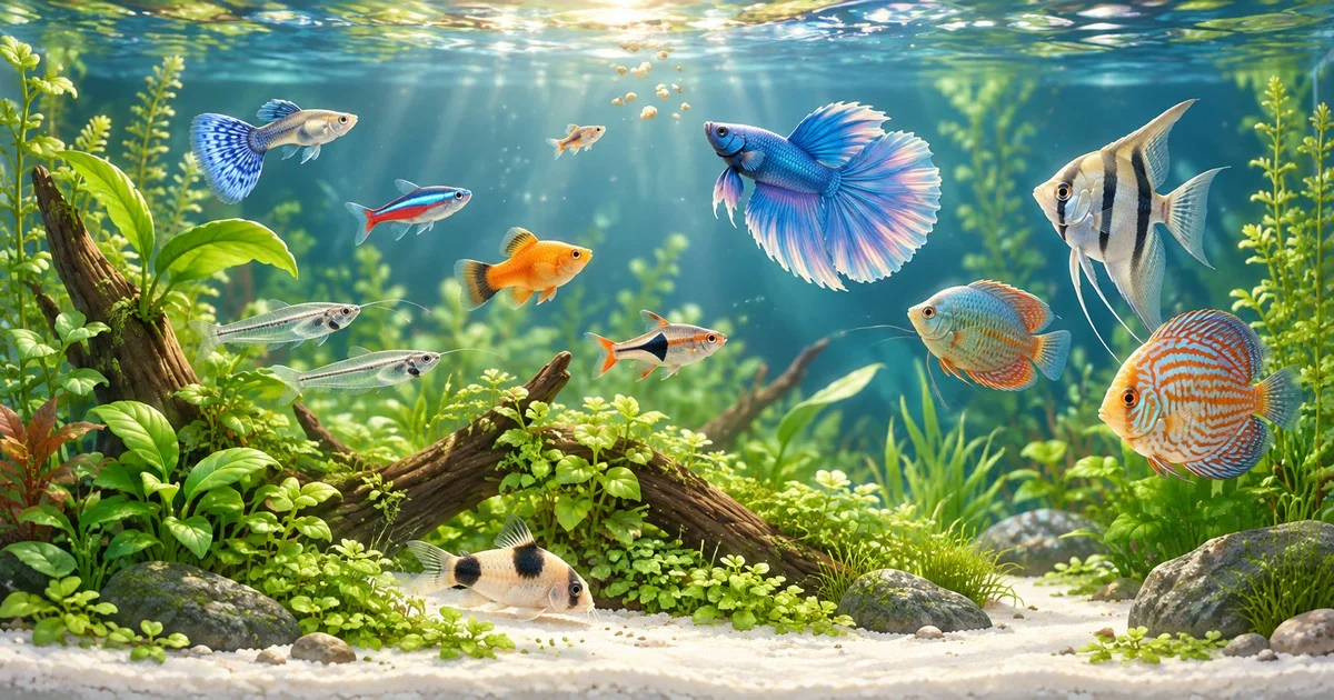 水草や流木の間を色鮮やかな熱帯魚が泳ぐ水槽のイメージイラスト