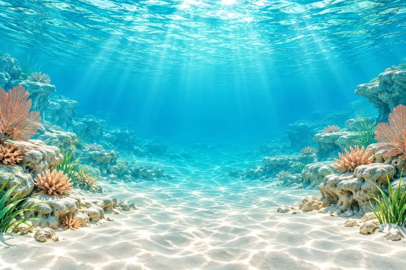 カスタム水槽で選べる背景「ガラスのラグーン」。光が差し込む青い水中の景色。