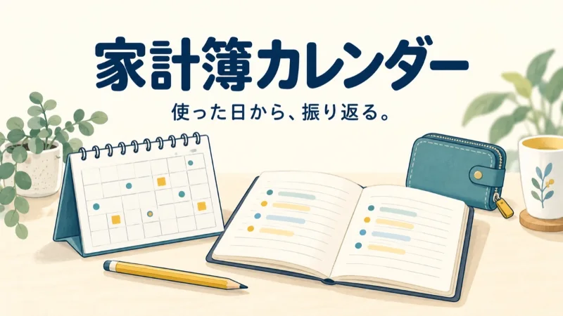家計簿カレンダーの使い方を表す、カレンダー・家計簿ノート・財布のイラスト