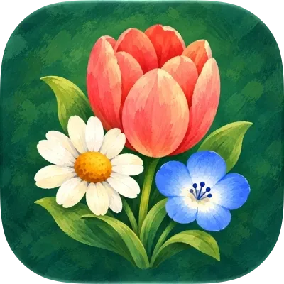 FlowerStepsの新しいアイコン。チューリップと色とりどりの花