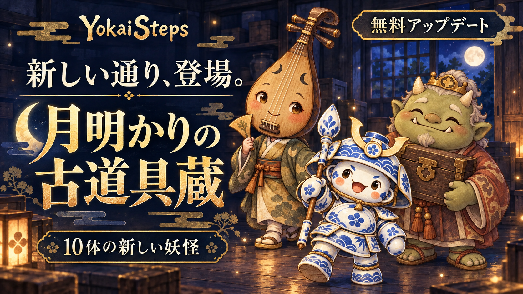 YokaiSteps無料アップデート「月明かりの古道具蔵」。月夜の蔵に琵琶牧々、瀬戸大将、塵塚怪王が並び、10体の新しい妖怪の登場を紹介するイラスト。