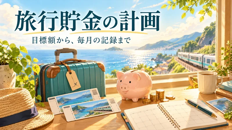 旅行かばんと貯金箱、カレンダーで旅行貯金の計画を表したイラスト