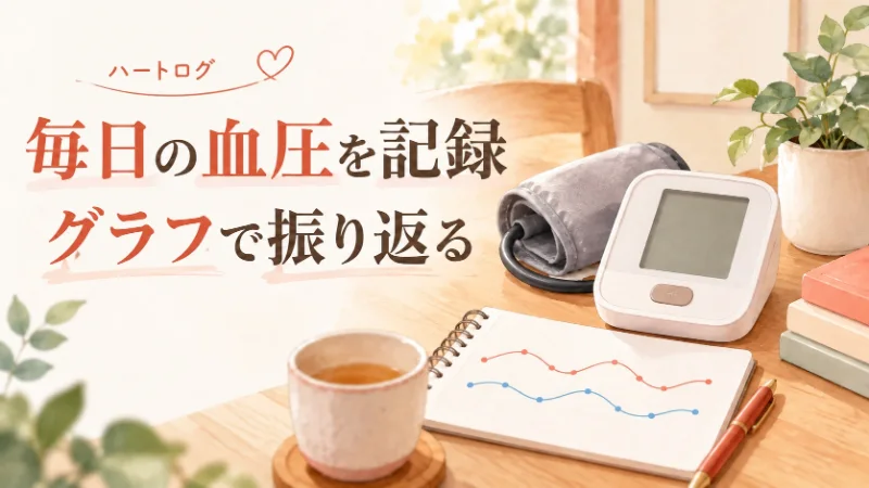 ハートログで毎日の血圧を記録しグラフで振り返るイメージ。血圧計と記録ノートのイラスト