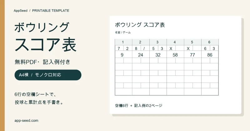 無料で印刷できるボウリングスコア表。A4横のPDF、空欄6行と記入例の2ページ。