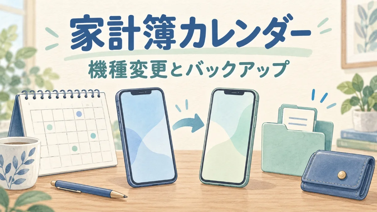 家計簿カレンダーの機種変更とバックアップをイメージしたスマートフォンとファイルのイラスト
