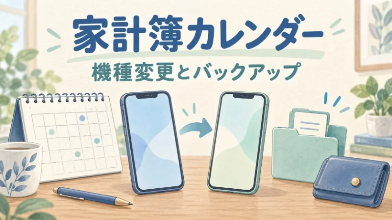 家計簿カレンダーの機種変更とバックアップをイメージしたスマートフォンとファイルのイラスト