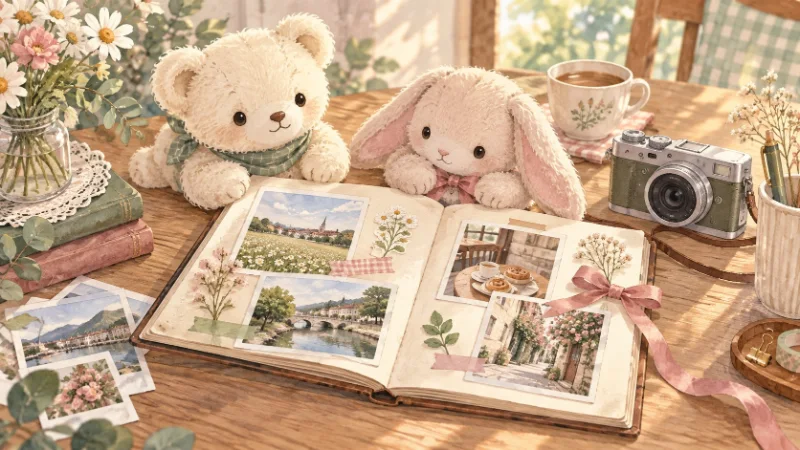 くまとウサギのぬいぐるみと写真日記を描いたイメージイラスト