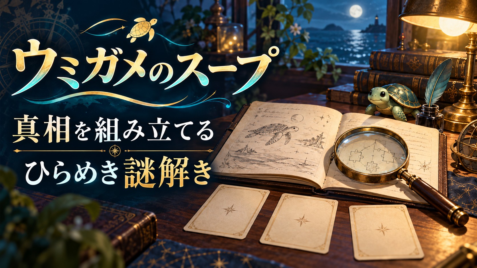 探偵のノートと小さなウミガメを描いた、真相を組み立てる謎解きのイメージ