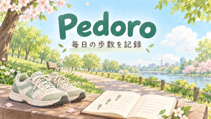 Pedoroで毎日の歩数を記録するイメージの、散歩道と歩きやすい靴のイラスト