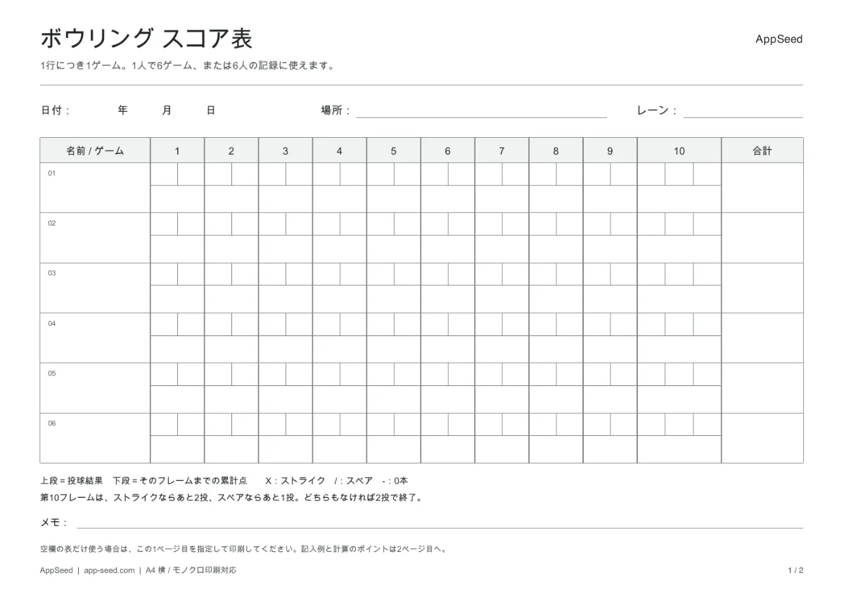 A4横のボウリングスコア表。6行の空欄と、第10フレームの3投分の記入欄があります。