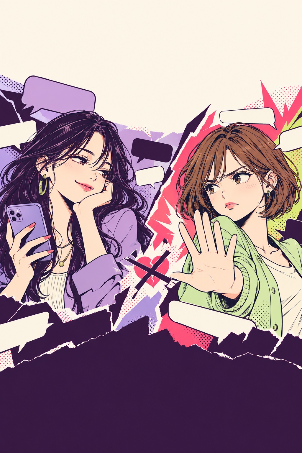 フレネミー撃退部のナナとミオ。紫・ピンク・ライムの漫画調イラスト。