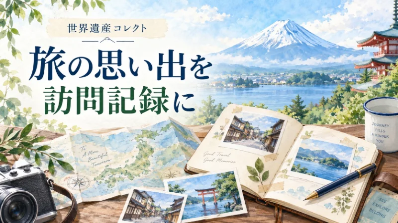 世界遺産コレクト。日本の風景と写真付きの旅ノートを描いた水彩風イラスト